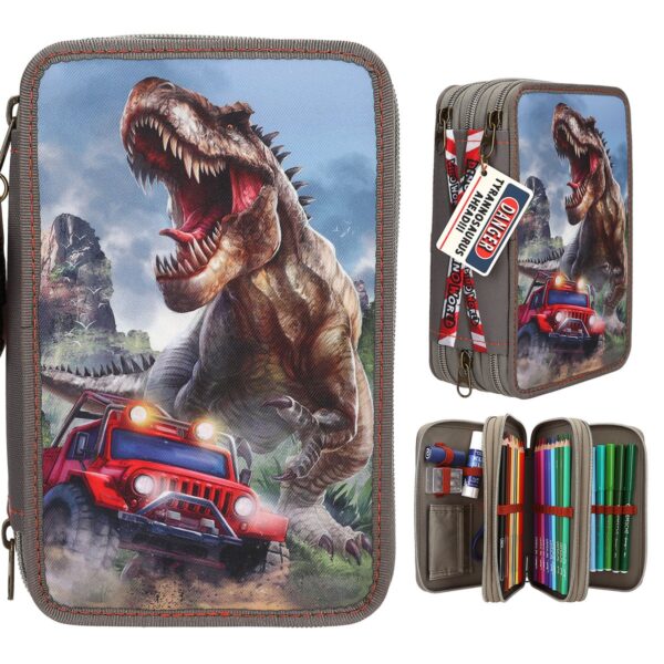 Penar Top Model, Dino New World, 3 Compartimente Echipat, Kaki, T-rex, 18 Pixuri