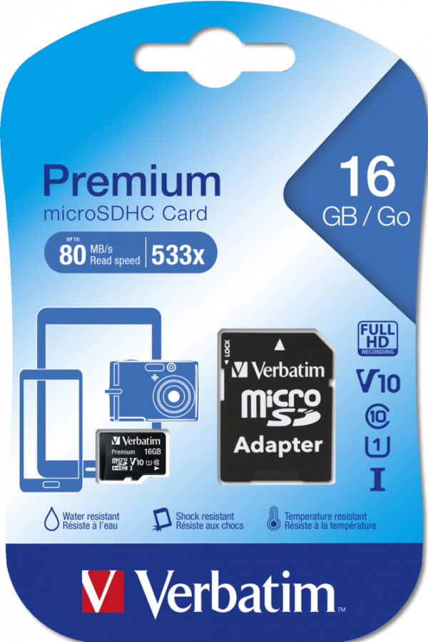 MEMORIE microSD CARD VERBATIM 16GB CLASA 10, ADAPTOR INCLUS "44082" MEMORIE microSD CARD VERBATIM 16GB CLASA 10, ADAPTOR INCLUS "44082"