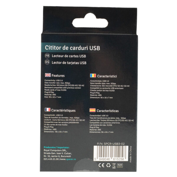 CARD READER extern SPACER, interfata USB 3.0, citeste/scrie: SD, micro SD, Negru, "SPCR-USB3-02" CARD READER extern SPACER, interfata USB 3.0, citeste/scrie: SD, micro SD, Negru, "SPCR-USB3-02"