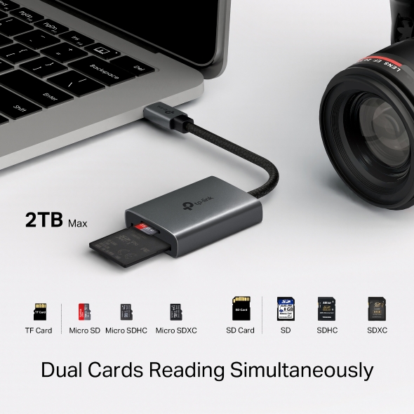 CARD READER extern TP-Link, interfata USB Type-C, citeste/scrie: SD si microSD, suporta carduri maxim 1 TB, lungime cablu 15 cm, metalic, gri "UA430C"