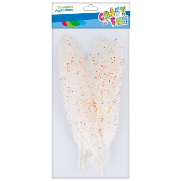 Accesorii creație pene albe cu sclipici fluorescent 18-20 cm, set 6 buc, Craft with Fun 463670