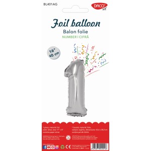 Balon folie cifră 1 argintiu 40 cm DACO BL401AG