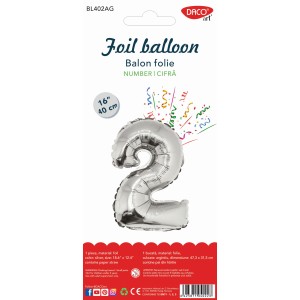 Balon folie cifră 2 argintiu 40 cm DACO BL402AG