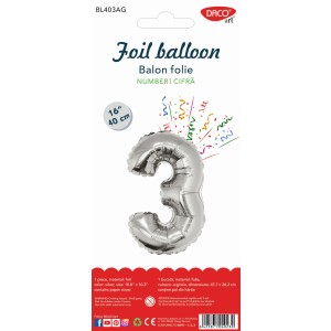 Balon folie cifră 3 argintiu 40 cm DACO BL403AG