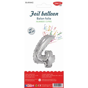 Balon folie cifră 4 argintiu 40 cm DACO BL404AG