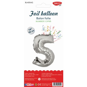 Balon folie cifră 5 argintiu 40 cm DACO BL405AG