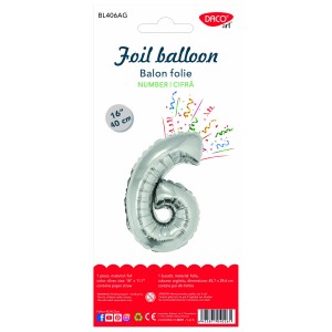 Balon folie cifră 6 argintiu 40 cm DACO BL406AG