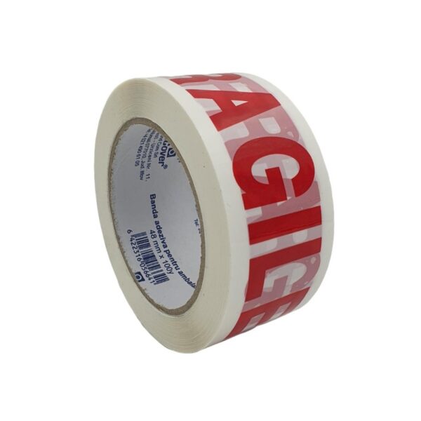 Bandă adezivă pentru ambalare OFFICE-COVER FRAGIL 48 mm x 100 yard alb Bandă adezivă pentru ambalare OFFICE-COVER FRAGIL 48 mm x 100 yard alb