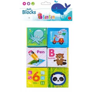 Jucărie de baie pentru bebeluși BamBam 432485, cuburi moi cu animale, cifre și litere, set 6 bucăți