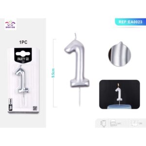Lumânare aniversară pentru tort PartyGo cifra 1, 6 cm, argintiu, EA0023