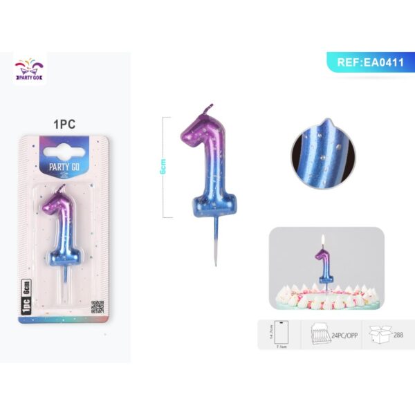Lumânare aniversară pentru tort PartyGo cifra 1, 6 cm, mov și albastru, EA0411 Lumânare aniversară pentru tort PartyGo cifra 1, 6 cm, mov și albastru, EA0411