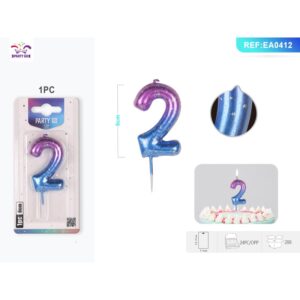 Lumânare aniversară pentru tort PartyGo cifra 2, 6 cm, mov/albastru, EA0412