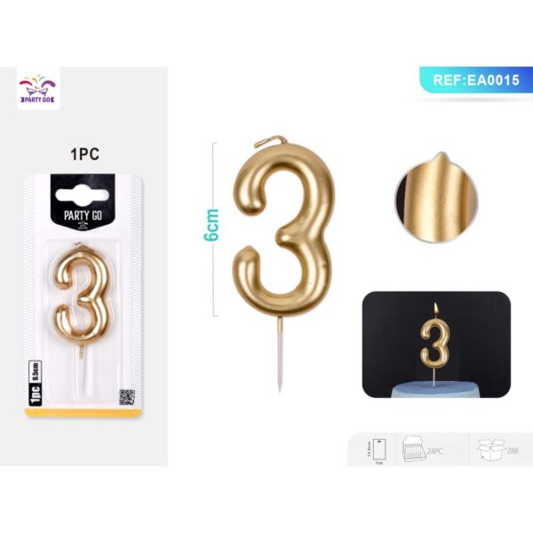 Lumânare aniversară pentru tort PartyGo cifra 3, 6 cm, auriu, EA0015 Lumânare aniversară pentru tort PartyGo cifra 3, 6 cm, auriu, EA0015