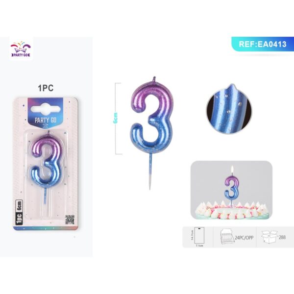 Lumânare aniversară pentru tort PartyGo cifra 3, 6 cm, mov/albastru, EA0413 Lumânare aniversară pentru tort PartyGo cifra 3, 6 cm, mov/albastru, EA0413