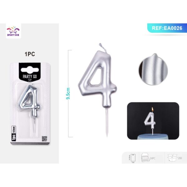 Lumânare aniversară pentru tort PartyGo cifra 4, 6 cm, argintiu, EA0026