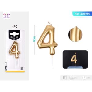 Lumânare aniversară pentru tort PartyGo cifra 4, auriu, 6 cm, EA0016