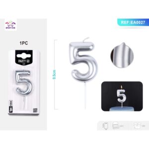 Lumânare aniversară pentru tort PartyGo cifra 5, argintiu, 6 cm, EA0027