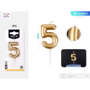 Lumânare aniversară pentru tort PartyGo cifra 5, auriu, 6 cm