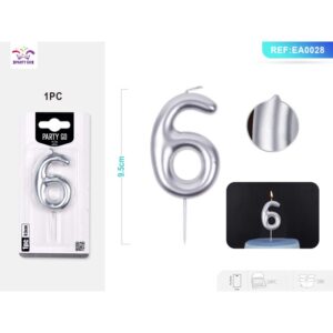 Lumânare aniversară pentru tort PartyGo cifra 6, 6 cm, argintiu, EA0028