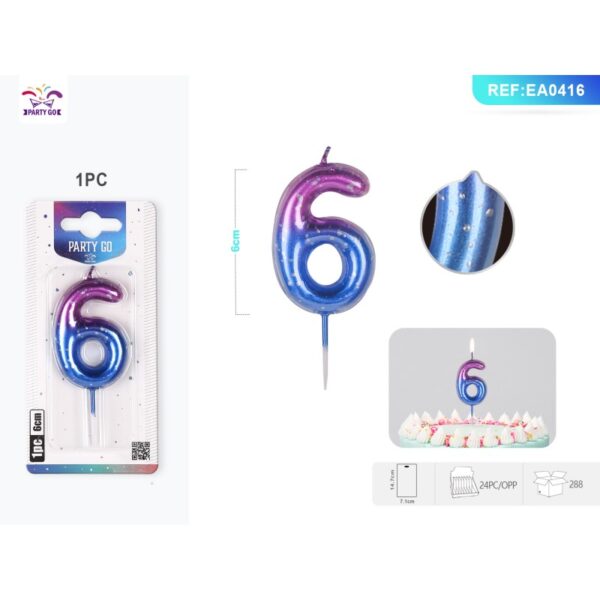 Lumânare aniversară pentru tort PartyGo cifra 6, 6 cm, mov/albastru, EA0416 Lumânare aniversară pentru tort PartyGo cifra 6, 6 cm, mov/albastru, EA0416