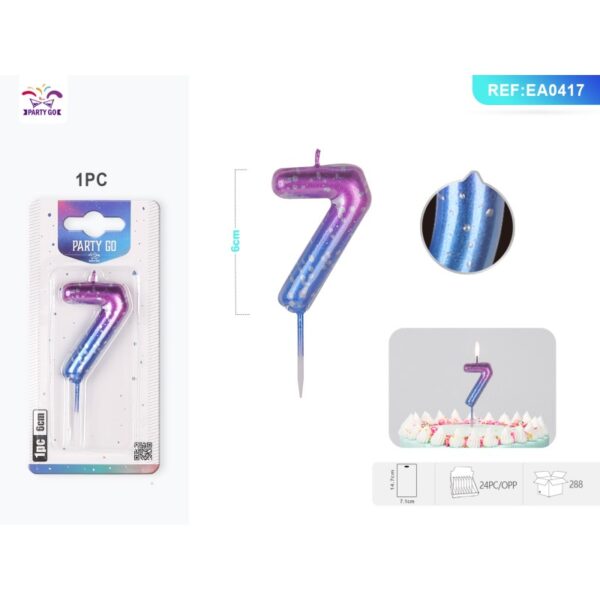 Lumânare aniversară pentru tort PartyGo cifra 7, 6 cm, mov / albastru, EA0417