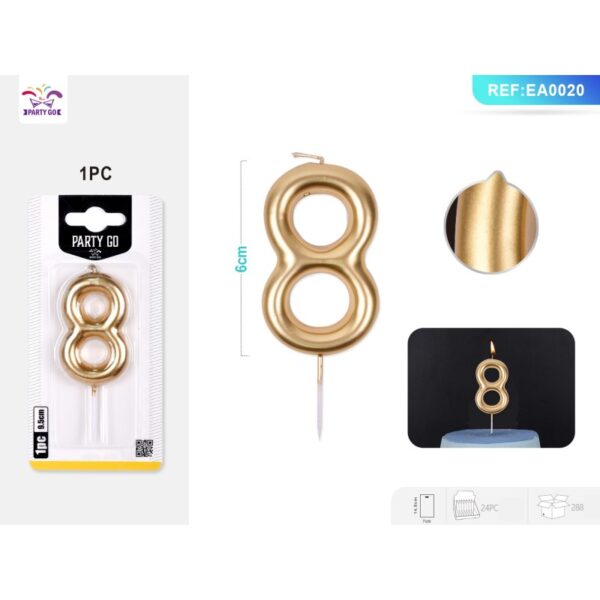 Lumânare aniversară pentru tort PartyGo cifra 8, 6 cm, auriu, EA0020