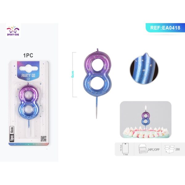 Lumânare aniversară pentru tort PartyGo cifră 8, 6 cm, mov/albastru, EA0418 Lumânare aniversară pentru tort PartyGo cifră 8, 6 cm, mov/albastru, EA0418