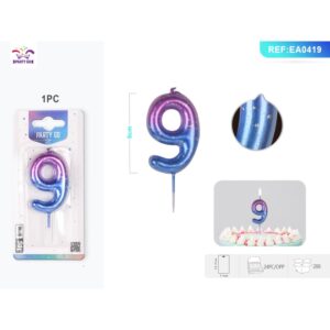 Lumânări aniversare pentru tort PartyGo cifra 9, 6 cm, mov/albastru, set 6 buc