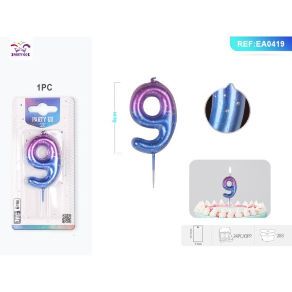 Lumânări aniversare pentru tort PartyGo cifra 9, 6 cm, mov/albastru, set 6 buc