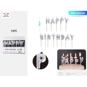 Lumânări aniversare pentru tort PartyGo Happy Birthday, argintiu, ED0236, set 13 buc