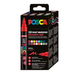 Marker UNI Posca PC-5BR cu vârf pensulă, 1-4 mm, set 16 culori
