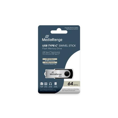 MediaRange USB 3.2 Gen 1 Type-C Flash Memory Drive, Swivel Housing, Black/Silver, 64GB "MR1953" MediaRange USB 3.2 Gen 1 Type-C Flash Memory Drive, Swivel Housing, Black/Silver, 64GB "MR1953"