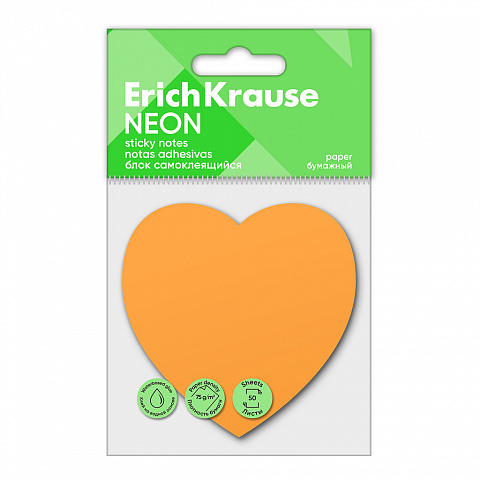 Notes adeziv ErichKrause Neon Heart, 50 de coli, portocaliu