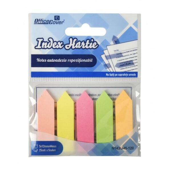 Notes adeziv index OFFICE-COVER JP45-120, 125 coli, 12 x 44 mm, 5 culori neon, vârf săgeată