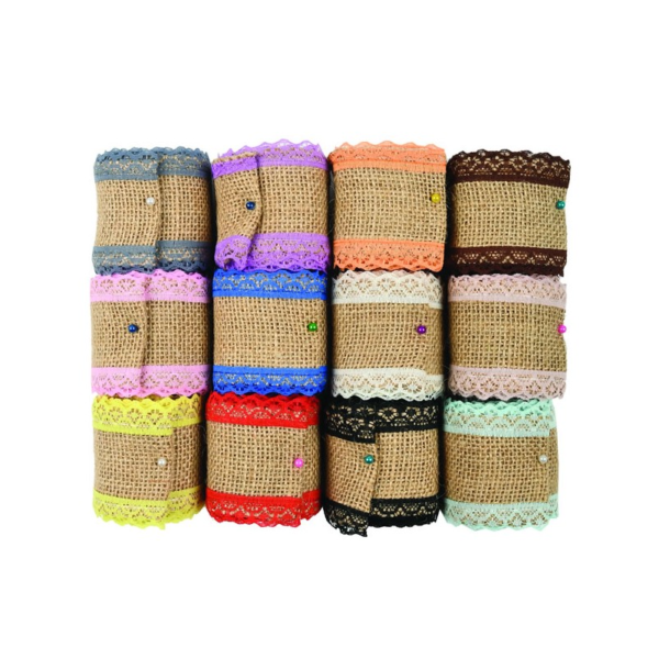 Pânză din iută cu dantelă Colorarte, diverse culori, 5 cm x 2 m, set 12 bucăți
