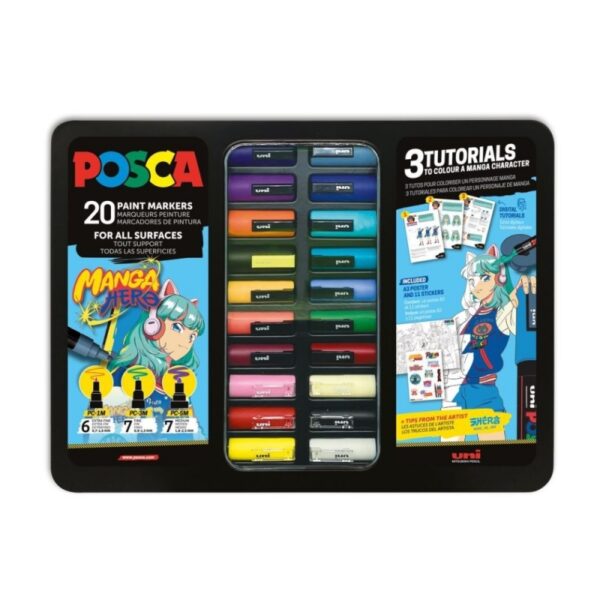 Set 20 markere UNI Posca Manga Hero în cutie metalică