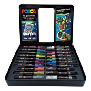 Set 20 markere UNI Posca POP Colours în cutie metalică