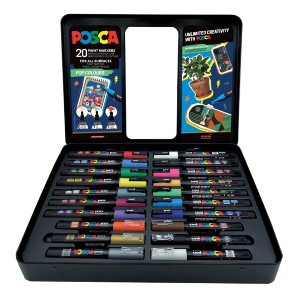 Set 20 markere UNI Posca POP Colours în cutie metalică