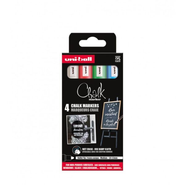Set 4 markere cu cretă UNI Chalk PWE-5M ASSF15 în culorile albastru, verde, roșu și alb Set 4 markere cu cretă UNI Chalk PWE-5M ASSF15 în culorile albastru, verde, roșu și alb