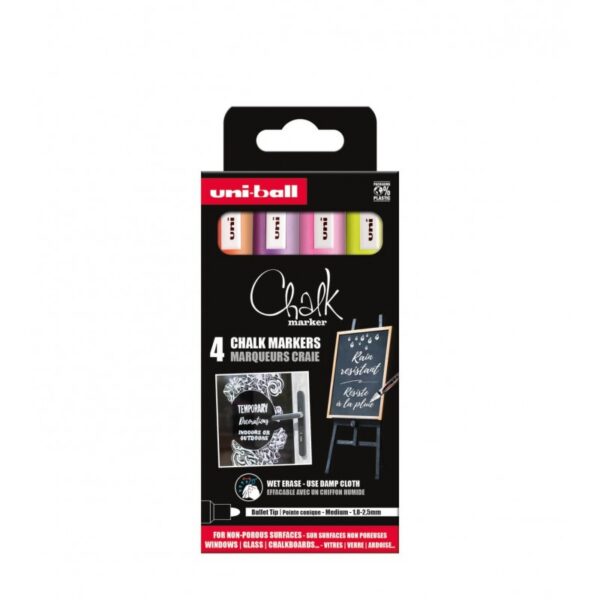 Set 4 markere cu cretă UNI Chalk PWE-5M ASSF16, 1.8-2.5 mm, galben, roz, violet, portocaliu Set 4 markere cu cretă UNI Chalk PWE-5M ASSF16, 1.8-2.5 mm, galben, roz, violet, portocaliu