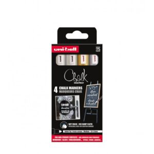 Set 4 markere cu cretă UNI Chalk PWE-5M ASSF46, 1.8-2.5 mm, alb, auriu, argintiu