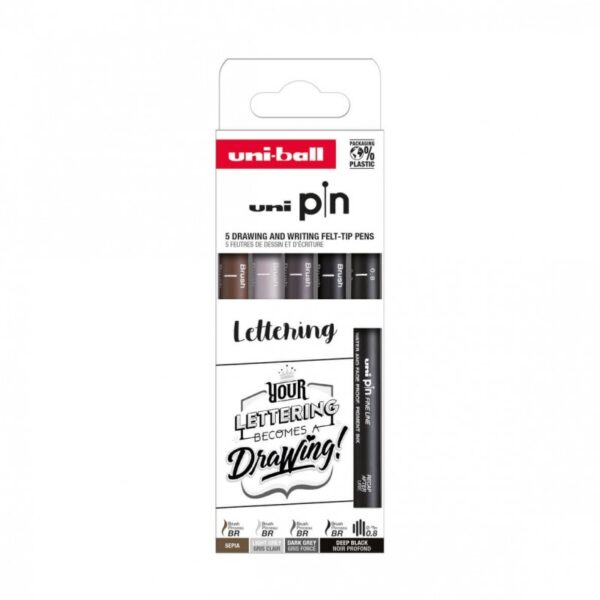 Set 5 linere UNI PIN-200 ASP012 pe bază de apă cu vârf 0,8 mm și pensulă Set 5 linere UNI PIN-200 ASP012 pe bază de apă cu vârf 0,8 mm și pensulă