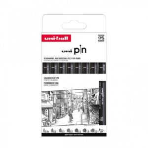 Set 8 linere UNI PIN-200 ASP011 negre, pe bază de apă, cu pensulă