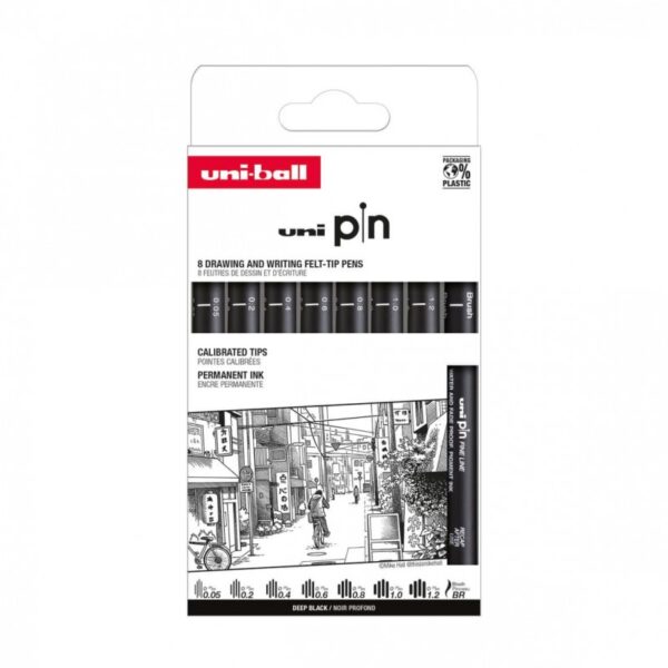 Set 8 linere UNI PIN-200 ASP011 negre, pe bază de apă, cu pensulă Set 8 linere UNI PIN-200 ASP011 negre, pe bază de apă, cu pensulă