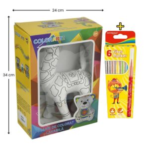 Set jucărie din vatelină pentru colorat lavabilă girafă Colorarte cu carioci Keyroad Washable 6 culori