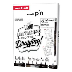 Set UNI PIN Lettering Starter Case cu 8 linere, 1 creion mecanic Shalaku S și 3 șabloane