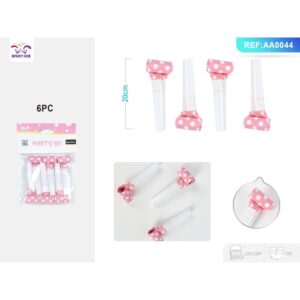 Trompetă de petrecere PartyGo 23 cm roz cu buline albe AA0044 set 6 buc