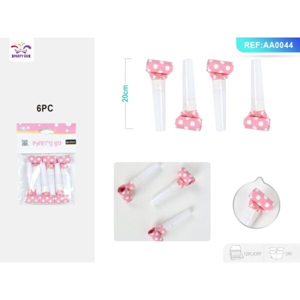 Trompetă de petrecere PartyGo 23 cm roz cu buline albe AA0044 set 6 buc