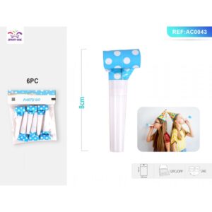 Trompetă petrecere PartyGo 23 cm bleu cu buline albe set 6 buc
